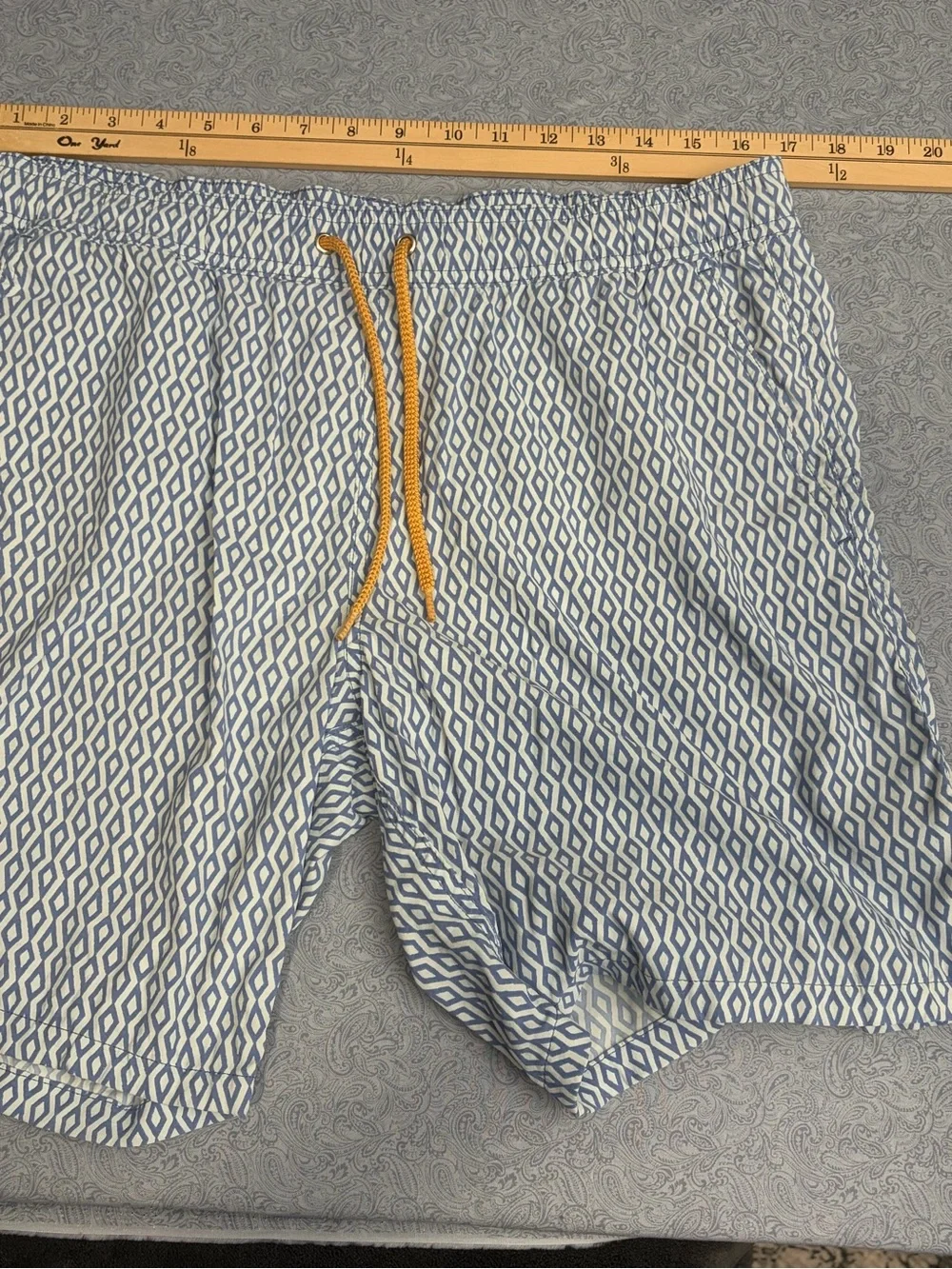 J Crew Men's Light Blue Geometric Swim Shorts with Yellow Drawstring